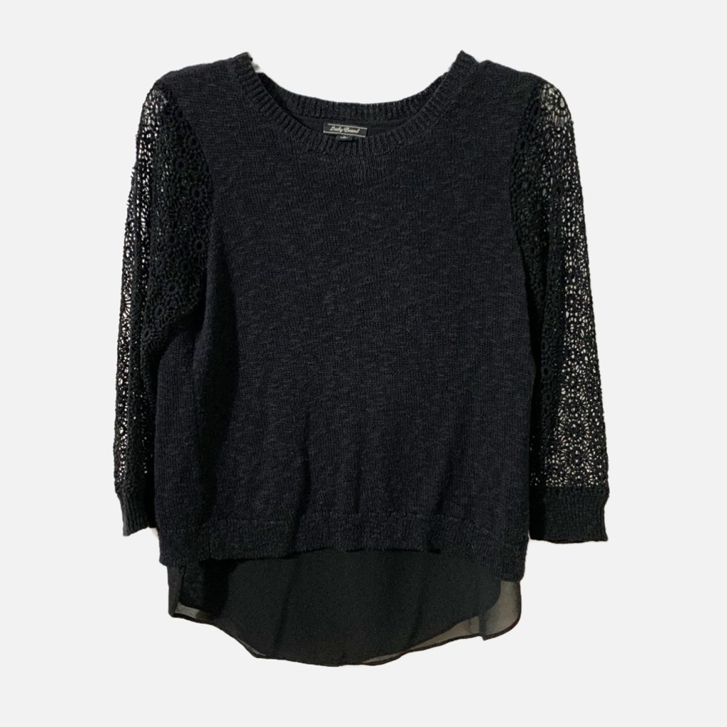 Lucky Brand Pullover Open Back With Sheer Under Lay Lace Sleeved Sweater Black